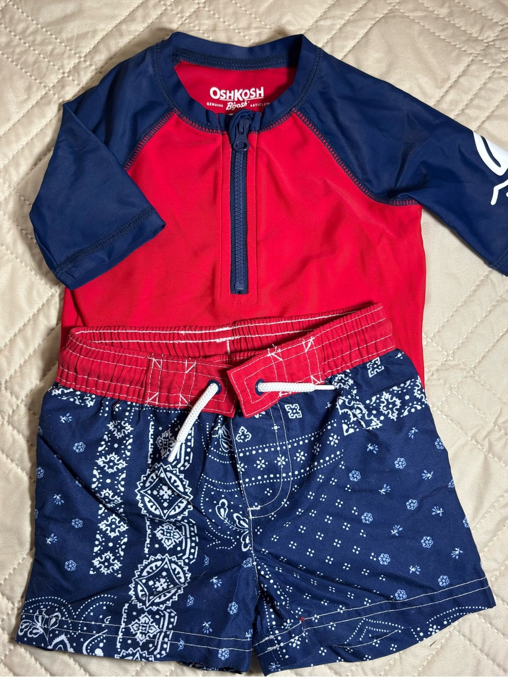 OshKosh B'gosh 6M Red & Navy Boys' Rashguard Swim Set with Bandana-Print Trunks